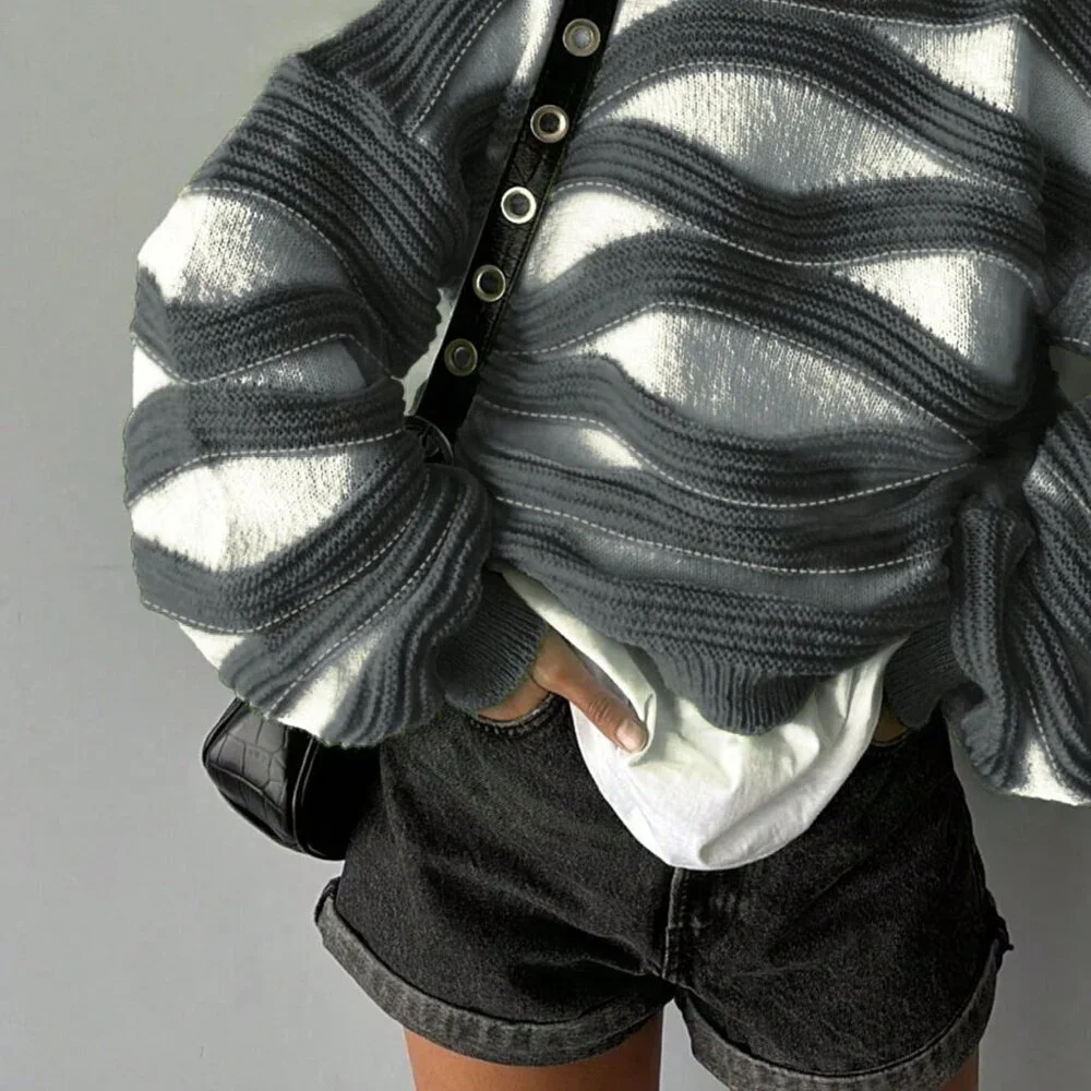 Ash Casual Women's Round Neck Wave Stripe Color Long-Sleeved Knit Sweater - Picture 1 of 4